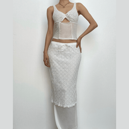 Lace v neck sleeveless hollow out solid patchwork maxi skirt set