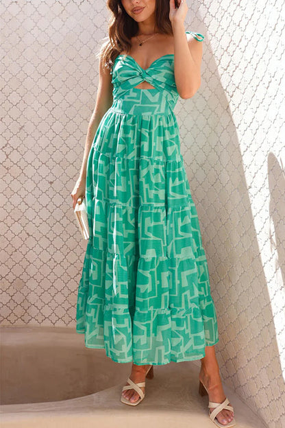 Tie Shoulder Twist Front Printed Midi Cami Dress