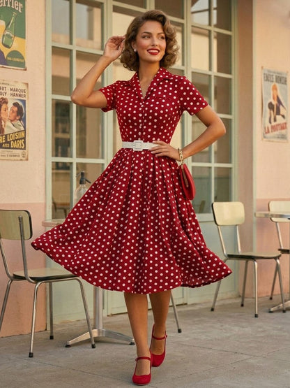 Retro Glamour Dress 1950s Style Turndown Collar Buttons Short Sleeves Polka Dot Swing Dress