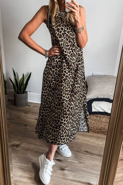 Black Contrast Striped Trim Leopard Sleeveless Midi Dress