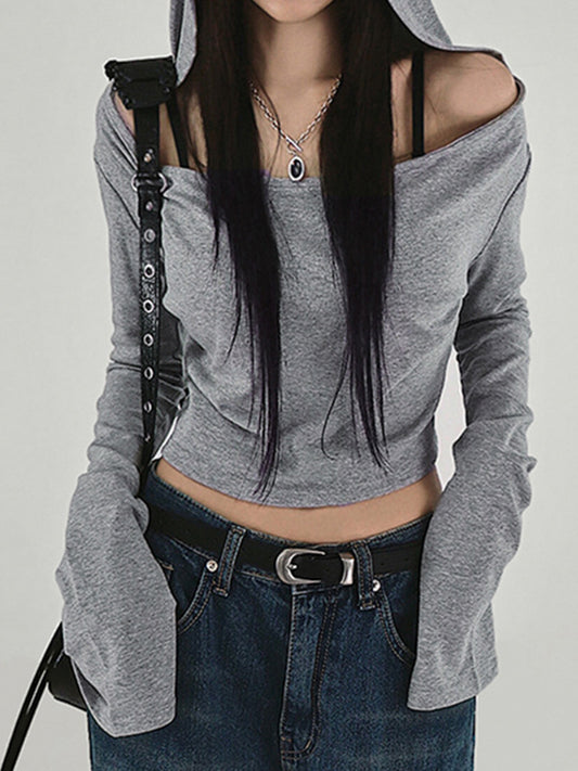 Off Shoulder Hooded Long Sleeve Tee