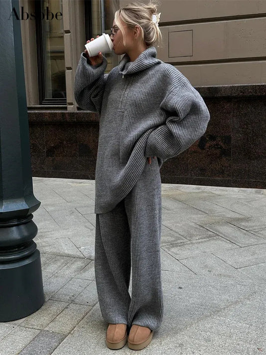 Solid Color Half Zip Sweater Matching Set