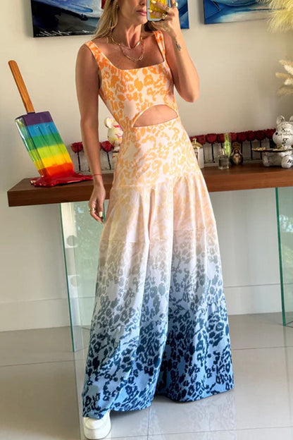 Reema Unique Animal Print Wide Strap Cutout Waist Maxi Dress