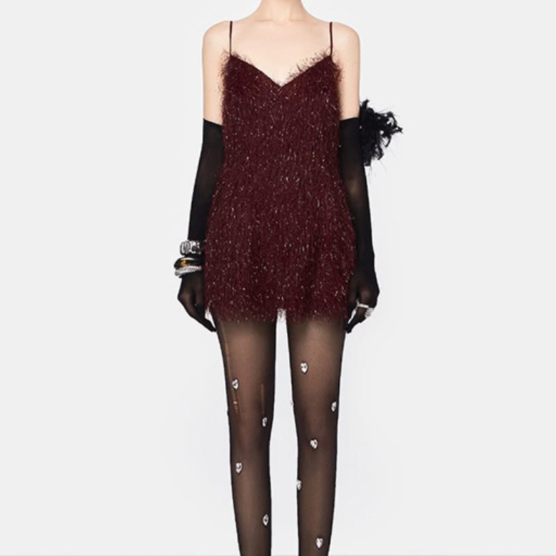 V neck fluffy cami mini dress