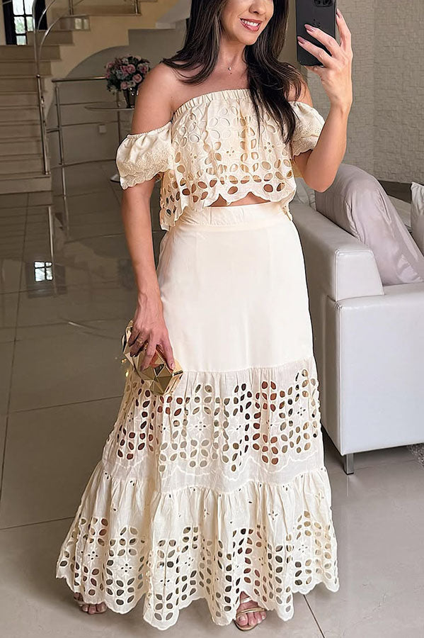 Valia Crochet Cutout Lace Off Shoulder Top and Elastic Waist A-line Maxi Skirt Set