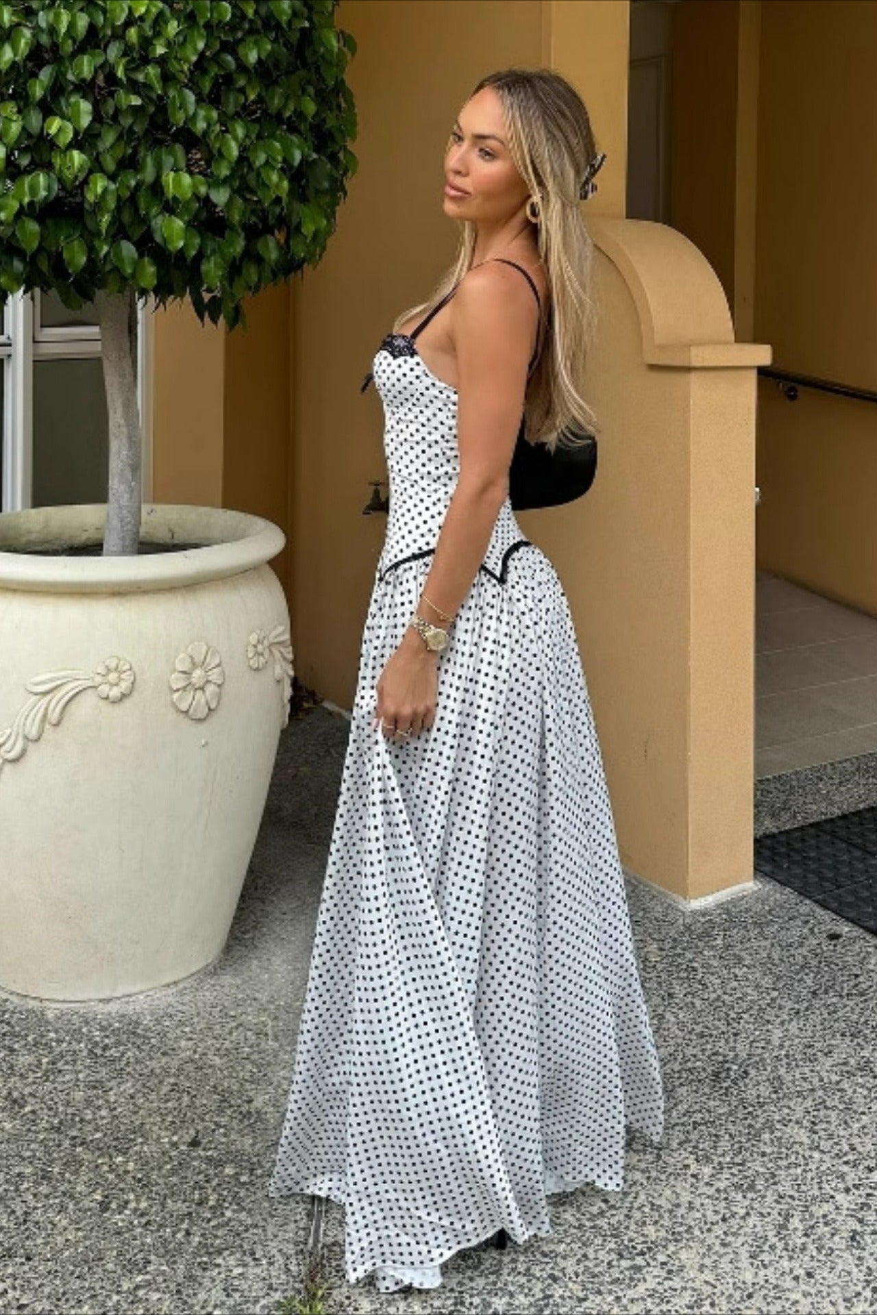 Polka Dot Spaghetti Strap Backless Fitted Bodycon Maxi Dress