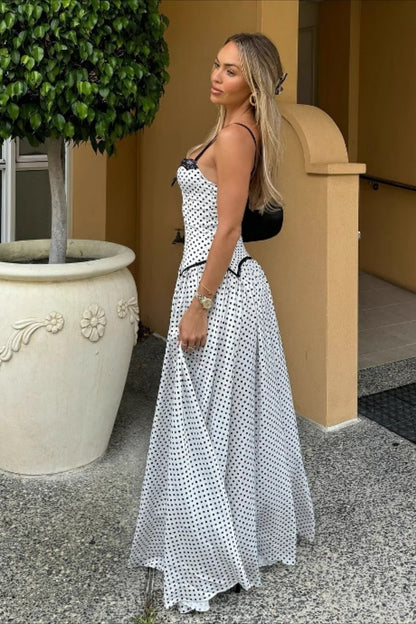 Polka Dot Spaghetti Strap Backless Fitted Bodycon Maxi Dress