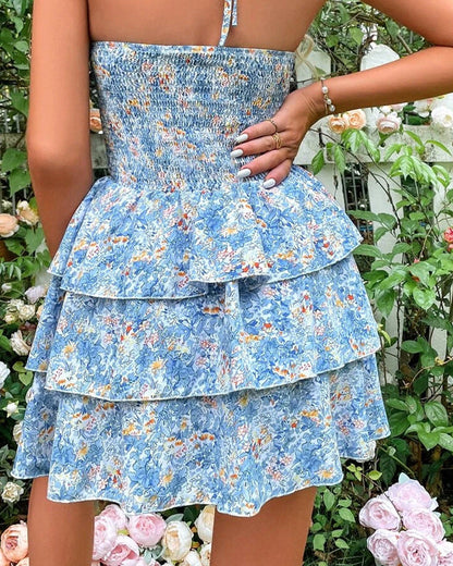 Floral Print Strapless Lace-up Cutout Mini Dress