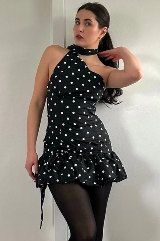 Polka Dot One Shoulder Scarf Neck Ruffled Hem Mini Dress