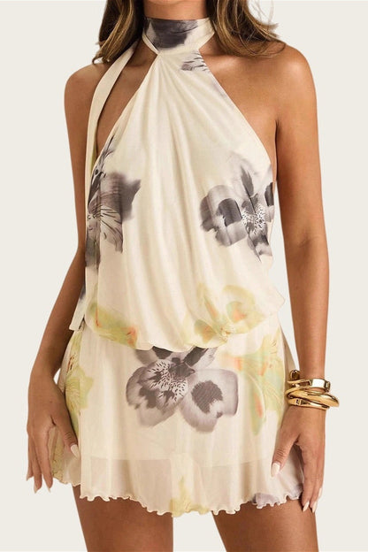 Halter Tie Neck Blouson Ruffle Hem Floral Print Mini Dress