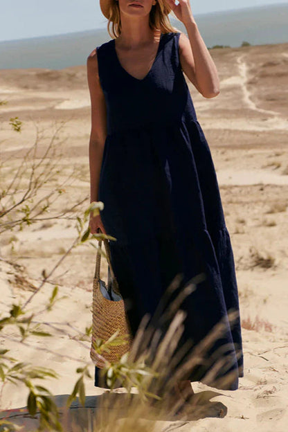 Cotton Crinkled V-Neck Tiered Vest Maxi Dress
