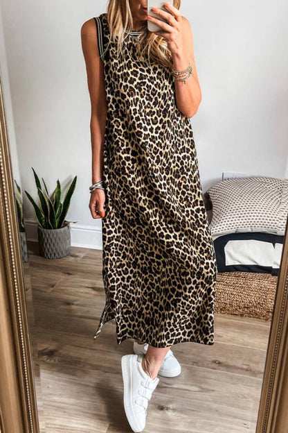 Black Contrast Striped Trim Leopard Sleeveless Midi Dress