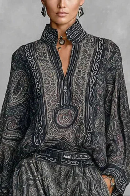 Unique Printed V-neck Long-sleeved Loose Top and Casual Pocket Wide-leg Pants Set