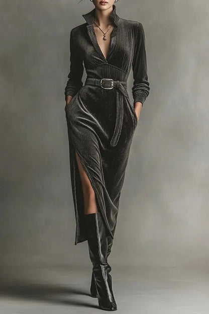 Solid Color Long-sleeved High-waisted Belted Casual Pocket Midi Dress