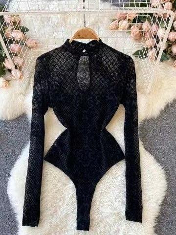 High Neck Mesh Velvet Bodysuit
