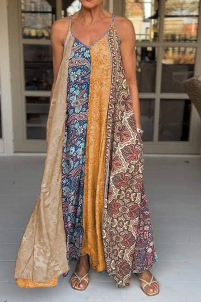 Unique Printed Loose Holiday Strap Big Hem Maxi Dress