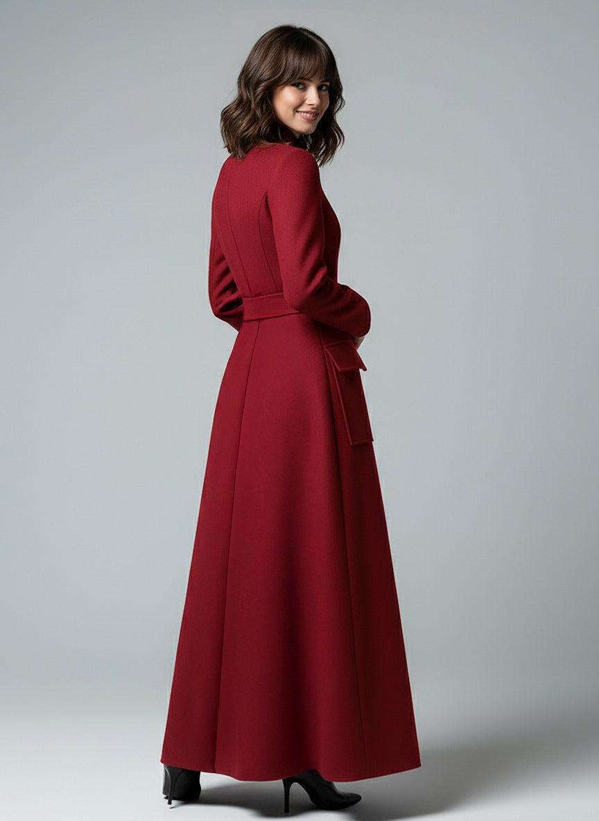 Woolen Full-Length Maxi Coat With Stand Collar And Flap Pockets For Women 2026