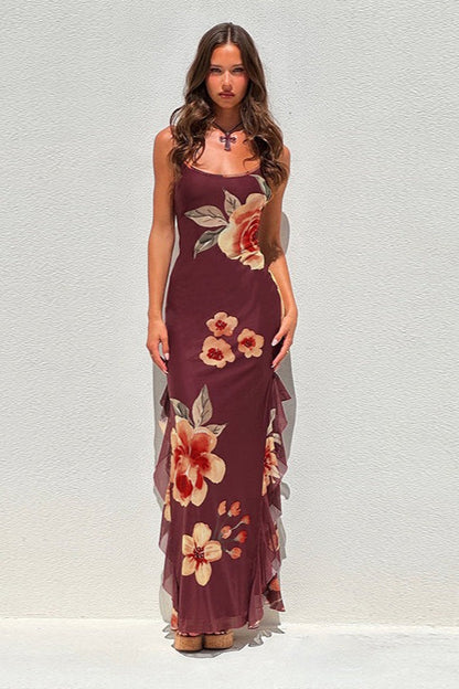 Sexy Floral Mesh Split Backless Maxi Dress