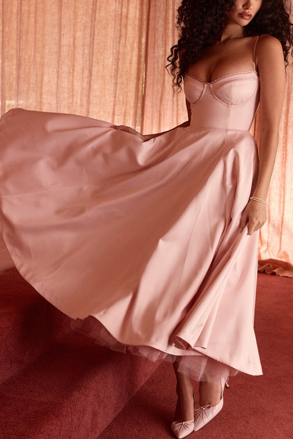 Lace Trim Sweetheart Corset Bodice Tulle Petticoat Fit and Flare Midi Dress