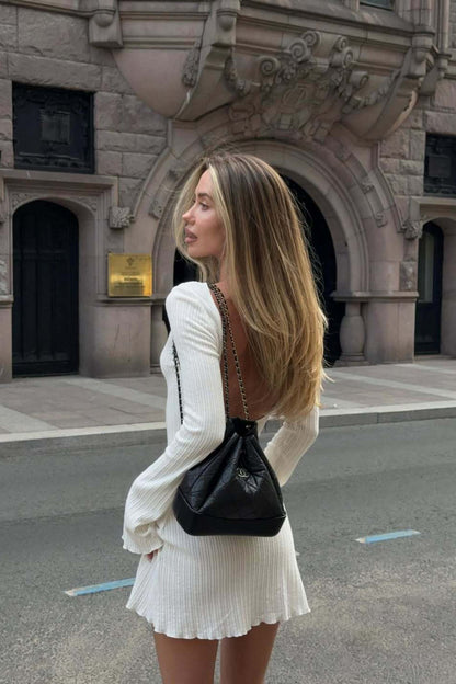 Ribbed Knit Bell Sleeve Deep Open Back Bodycon Mini Dress