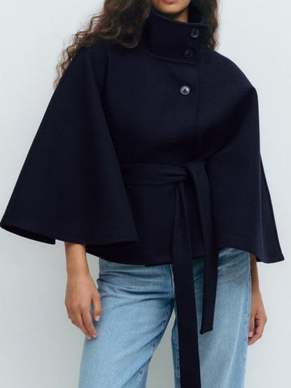 Solid Color Cape With Stand Collar, Button Belt And Short Style Coats