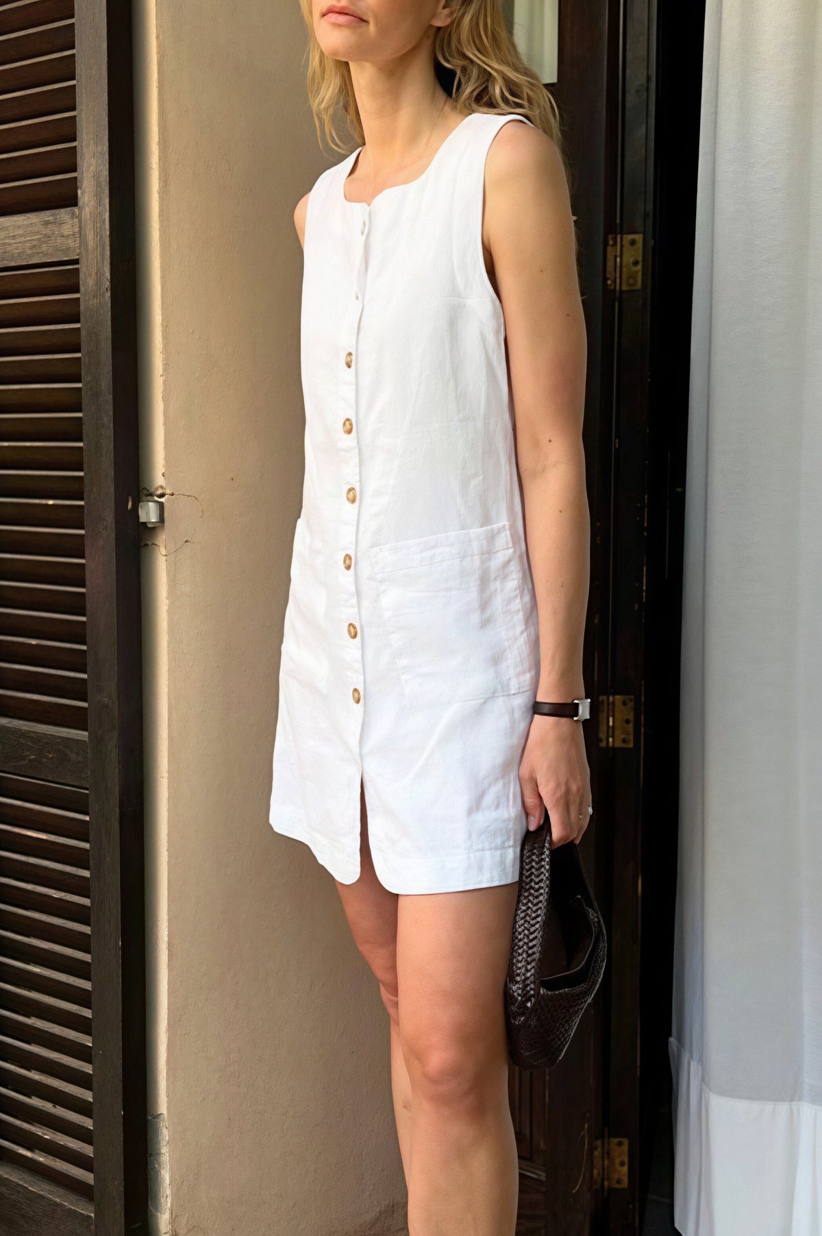 Wide Neck Button Front Patch Pocket Linen Blend Mini Dress