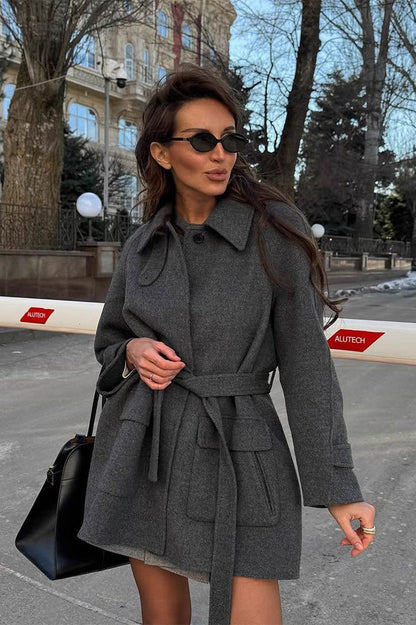 Solid Color Lapel Belted Wool Coat