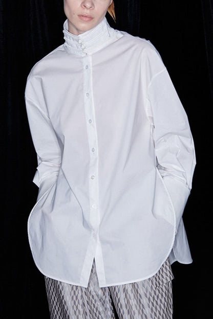 Cotton Mandarin Collar Long Sleeve Top