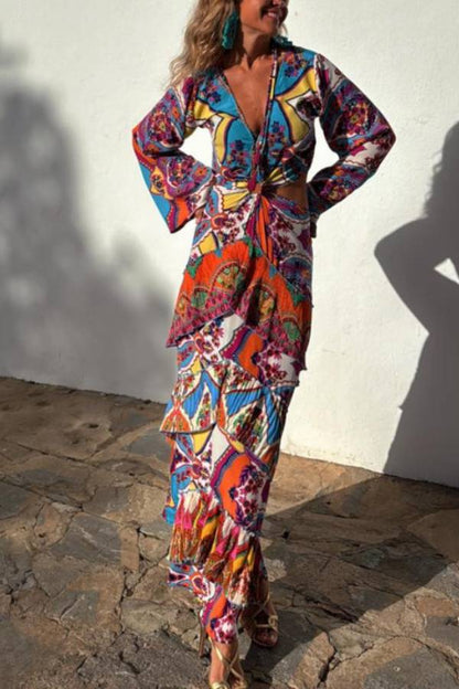 Colorful Day Unique Print Bell Sleeve Cutout Waist Layered Maxi Dress