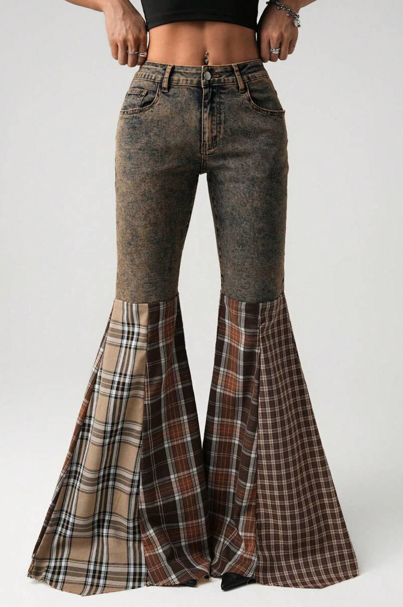 Plaid Patch High Waist Flare Jean