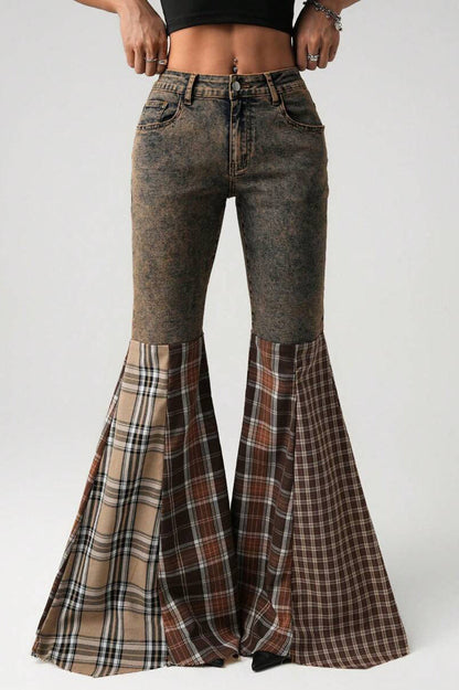 Plaid Patch High Waist Flare Jean