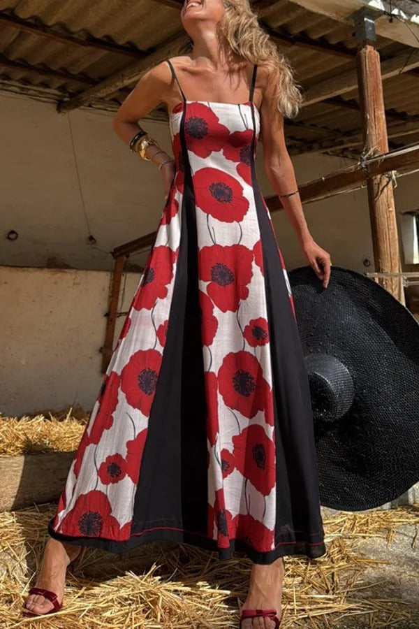 Floral Print Suspenders Paneled Back Pleated Maxi Dress