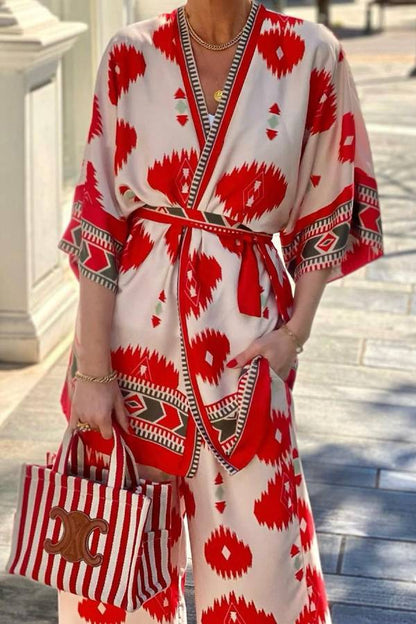 Pop of Red Ethnic Print Belted Kimono and Elastic Waist Pocket Cropped Pants Set