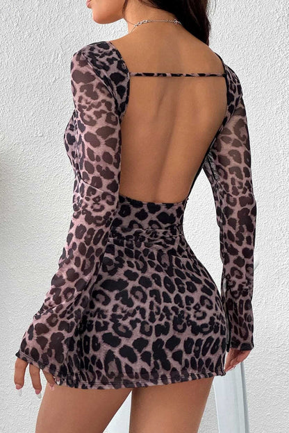 Print Sweetheart Bell Sleeve Mesh Bodycon Mini Dress