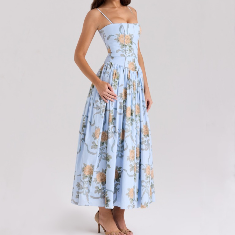 Flower print ruched zip-up cami maxi dress