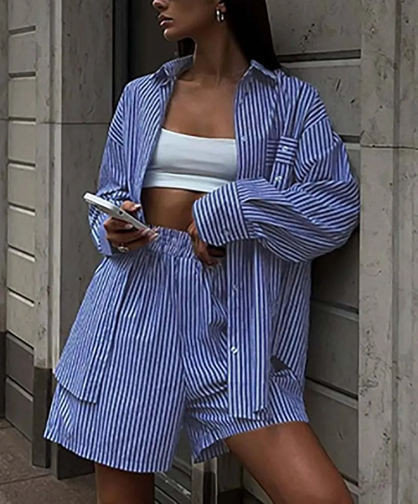 Blue Print Pockets Button Shorts Office Two Piece Set