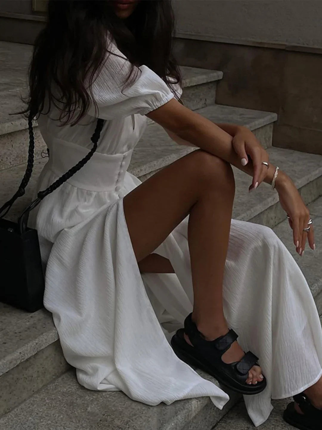 Bubble Sleeves Frenchy Button Split Long Dress