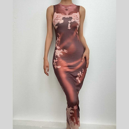 Flower print contrast sleeveless crewneck midi dress-final-sale