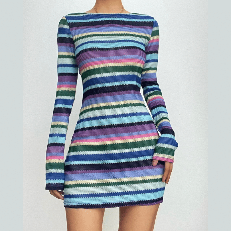 Boat Neck Long Sleeve Horizontal Stripe Knit Bodycon Mini Dress