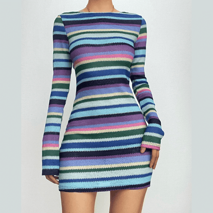 Boat Neck Long Sleeve Horizontal Stripe Knit Bodycon Mini Dress