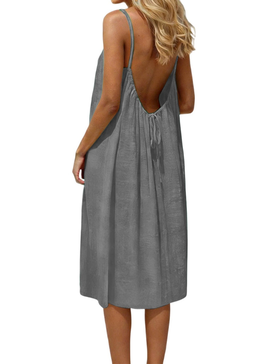 Ice Silk Linen Backless Halter Solid Color Midi Dress