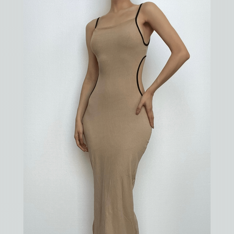Ribbed contrast hollow out self tie backless slit cami cut out midi dress