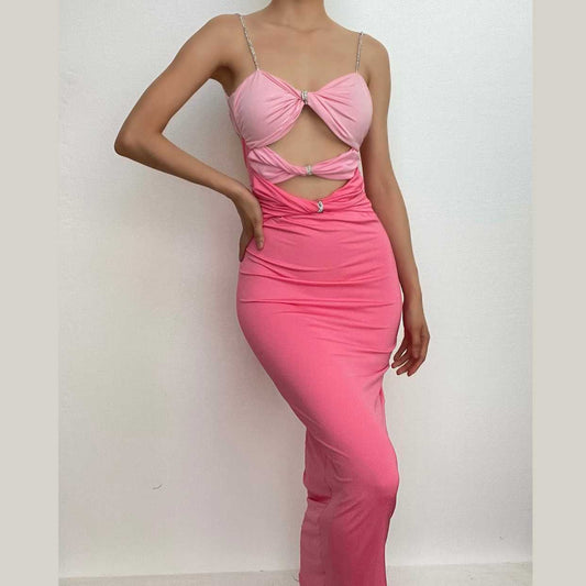 Hollow out contrast patchwork bowknot backless self tie cut out maxi dress