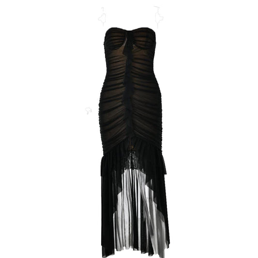 Sweetheart neck ruched ruffle tube midi dress