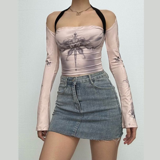 Halter long flared sleeve print hollow out crop cut out top