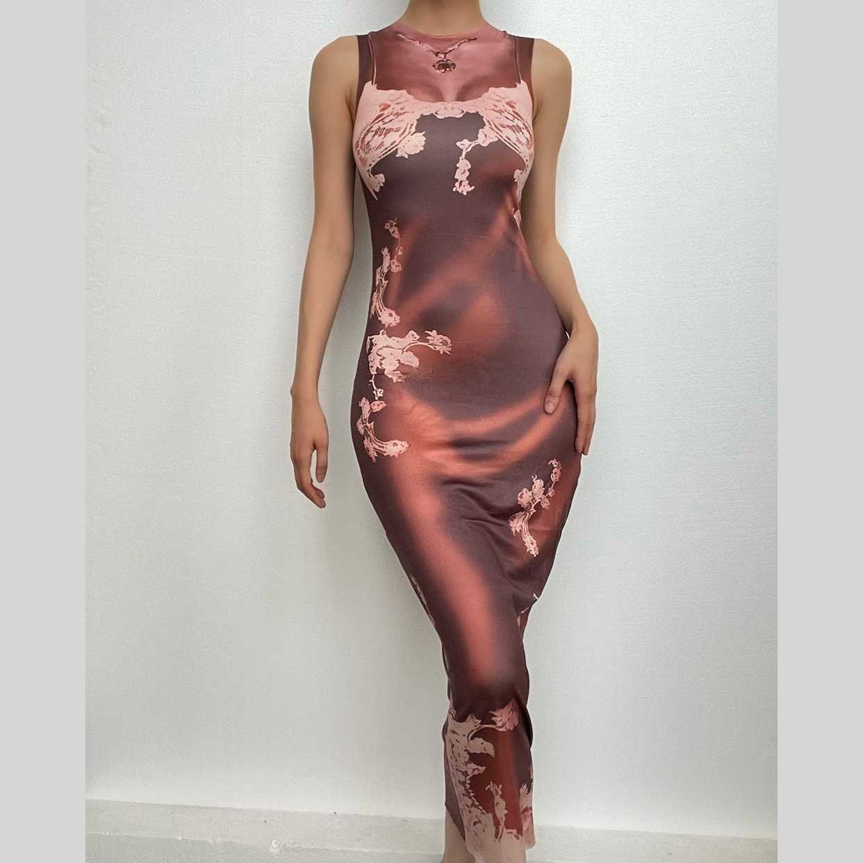 Sleeveless Crewneck Body Silhouette Floral Overlay Bodycon Maxi Dress
