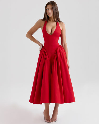 Women's V-Neck Corset Style Midi Dress – Sleeveless Elegant Fitted Tulle Dress