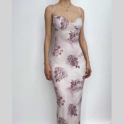 Floral Spotted Print Sweetheart Bustier Spaghetti Strap Bodycon Maxi Dress