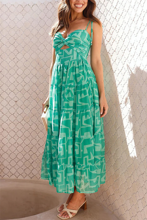Tie Shoulder Twist Front Printed Midi Cami Dress