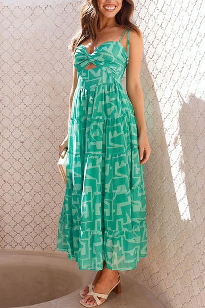 Tie Shoulder Twist Front Printed Midi Cami Dress